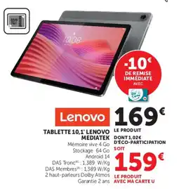 Hyper U Lenovo TABLETTE 10,1' LENOVO MEDIATEK offre