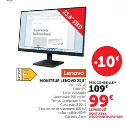 Hyper U Lenovo MONITEUR LENOVO 23,8" offre