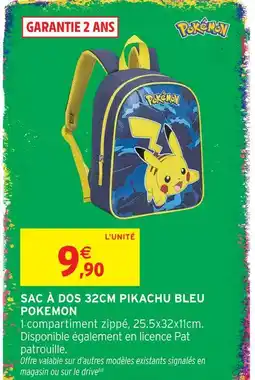 Intermarché Hyper Pokemon sac à dos 32cm pikachu bleu offre