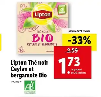 Lidl Lipton Thé noir Ceylan et bergamote Bio offre