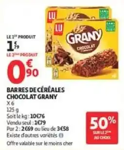 Auchan Supermarché LU BARRES DE CÉRÉALES CHOCOLAT GRANY offre