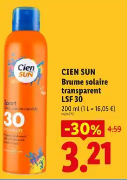 Lidl Cien sun brume solaire transparent lsf 30 offre