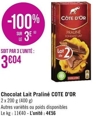 Géant Casino Côte d'or chocolat lait praliné offre