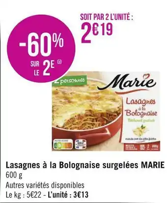 Marie lasagnes à la bolognaise surgelées