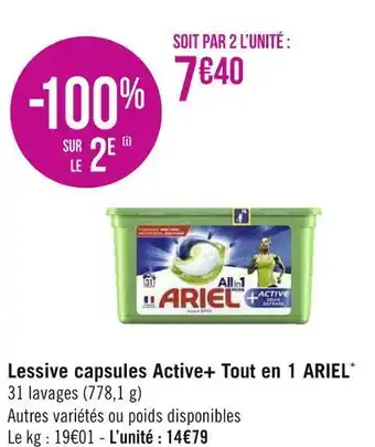 Géant Casino Ariel lessive capsules active+ tout en 1* offre