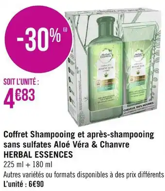 Géant Casino Herbal essences coffret shampooing et après-shampooing sans sulfates aloé véra & chanvre offre