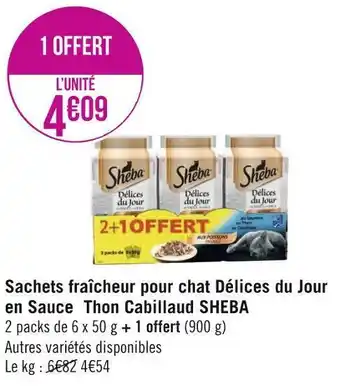 Géant Casino Sheba sachets fraîcheur pour chat délices du jour en sauce thon cabillaud offre