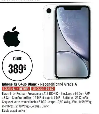 Géant Casino Iphone iphone xr 64go blanc - reconditionné grade a offre
