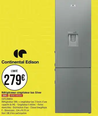 Géant Casino Continental edison réfrigérateur congélateur bas silver offre
