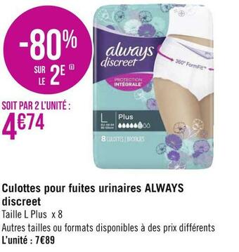 Géant Casino Always culottes pour fuites urinaires discreet offre