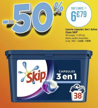 Géant Casino Skip lessive capsules 3en1 active clean* offre