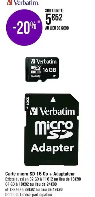 Verbatim carte micro sd 16 go + adaptateur