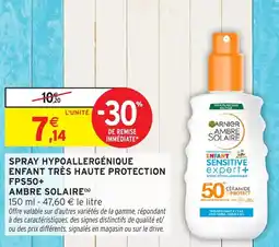 Intermarché Garnier Ambre Solaire spray hypoallergenique enfant très haute protection fps50+ offre