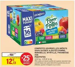 Intermarché Pom'potes - compotes gourdes les inedits sans sucres ajoutes pomme, mirabelle, myrtille, framboise offre