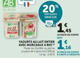 Hyper U U bio - yaourts au lait entier avec morceaux offre