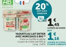 Super U U bio - yaourts au lait entier avec morceaux offre