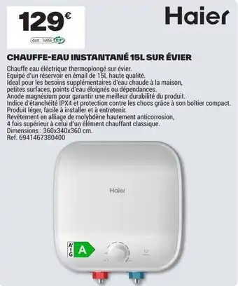 Haier CHAUFFE-EAU INSTANTANÉ 15L SUR ÉVIER