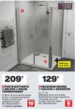 Brico Dépôt COOKE LEWIS PORTE BATTANTE « BELOYA » 80CM TRANSPARENT offre