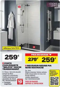 Brico Dépôt COOKE LEWIS PORTE COULISSANTE "BELOYA" 140CM TRANSPARENT offre