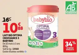 Auchan Supermarché babybio LAIT BIO OPTIMA CROISSANCE 3 offre