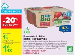 Carrefour Baby Bio Purée de fruits Bébé offre