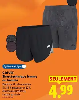 Lidl Crivit short technique femme ou homme offre
