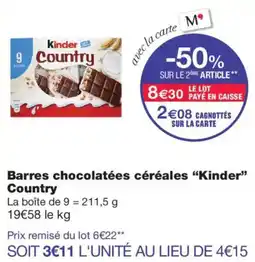 Monoprix Kinder Barres chocolatées céréales offre