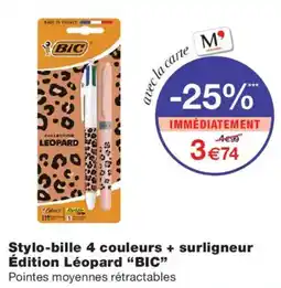 Monoprix BIC Stylo-bille 4 couleurs + surligneur Édition Léopard offre