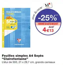 Monoprix Clairefontaine Feuilles simples A4 Seyès offre