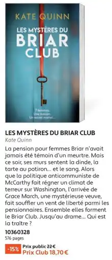 France Loisirs Kate Quinn LES MYSTÈRES DU BRIAR CLUB offre
