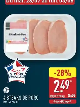 ALDI Le Porc Français Steaks de Porc offre