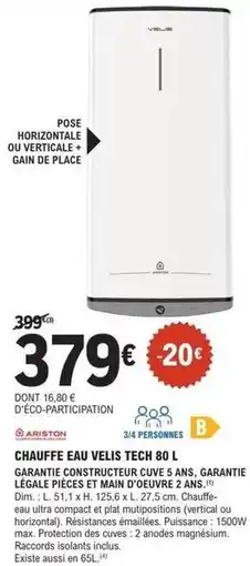 E.Leclerc Brico Ariston - chauffe eau velis tech 80 l offre