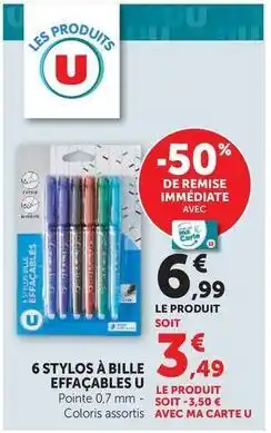 Hyper U U - 6 stylos à bille effaçables offre