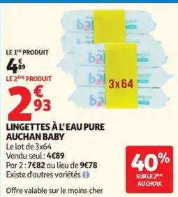 Auchan AUCHAN BABY Lingettes à l'eau pure offre
