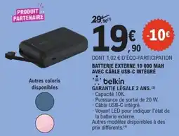 E.Leclerc Belkin batterie externe 10 000 mah câble usb-c intégré offre