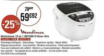Géant Casino Multicuiseur 15 En 1 Mk708e10 Blanc - Gris Moulinex offre