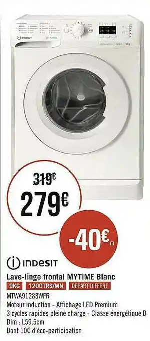 Géant Casino Lave-linge Frontal Mytime Blanc Indesit offre