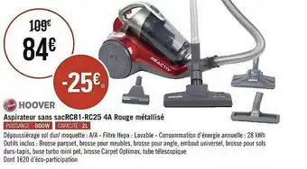 Géant Casino Aspirateur Sans Sac Rc81-rc25 Rouge Métallisé Hoover offre