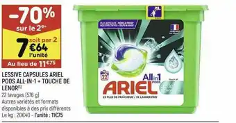 Leader Price Lessive Capsules Ariel Pods All-in-1 + Touche De Lenor offre