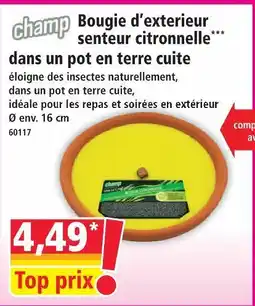 Norma Champ bougie d'extérieur senteur citronnelle dans un pot en terre cuite offre