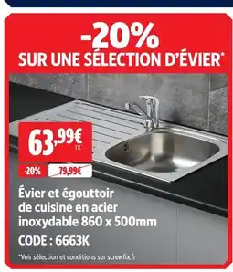 Screwfix Évier et égouttoir de cuisine en acier inoxydable 860 x 500mm offre