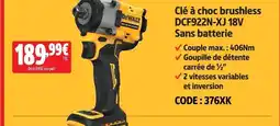 Screwfix Dewalt clé à choc brushless dcf922n-xj 18v sans batterie offre
