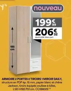 BUT Chêne - armoire 2 portes 2 tiroirs 1 miroir daily offre