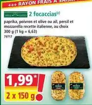 Norma 2 focaccias(c) paprika, poivron et olive ou ail, persil et mozzarella recette italienne, au choix offre