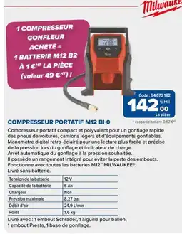Prolians Milwaukee compresseur portatif m12 bi-0 offre