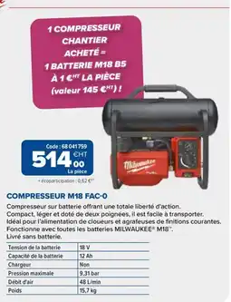 Prolians Milwaukee COMPRESSEUR M18 FAC-0 offre