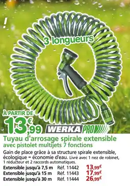 Provence Outillage WERKA PRO Tuyau d'arrosage spirale extensible avec pistolet multijets 7 fonctions offre