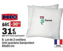 BUT Dodo - lot de 2 oreillers anti-acariens saniprotect 60x60 cm offre