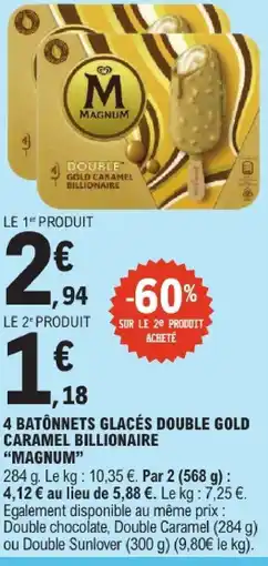 E.Leclerc Magnum 4 batonnets glacés double gold caramel billionnaire offre
