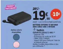 E.Leclerc Belkin batterie externe 10 000 mah avec câble usb-c intégré offre
